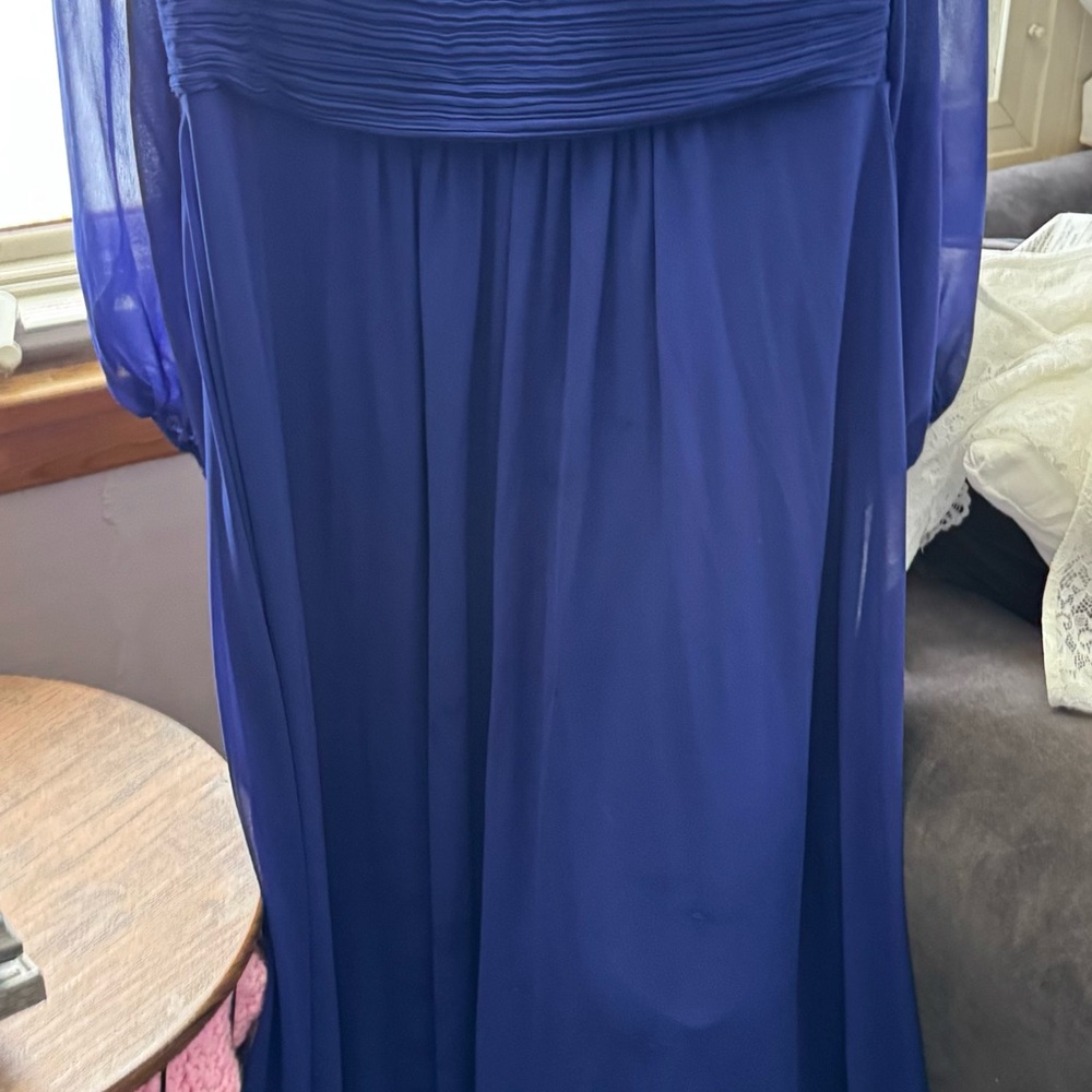 Blue Ruched Bateau Gown with Bishop Sleeves
